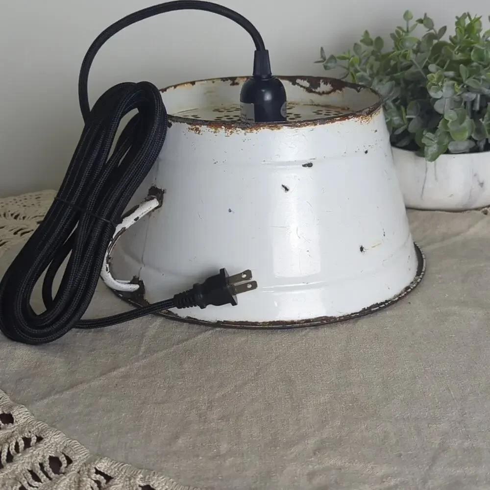 Vintage Enamel Colander Pendant Lamp Rustic Farmhouse Light w/ New Fixture